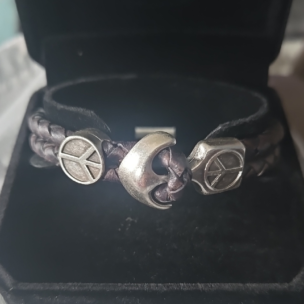 Silver Peace Symbol On Brown Antique Leather Braided Bracelet.